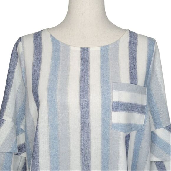 Urban Romantics Blue Striped Linen/Cotton Tiered Sleeve Keyhole Cropped Blouse M - Picture 5 of 7